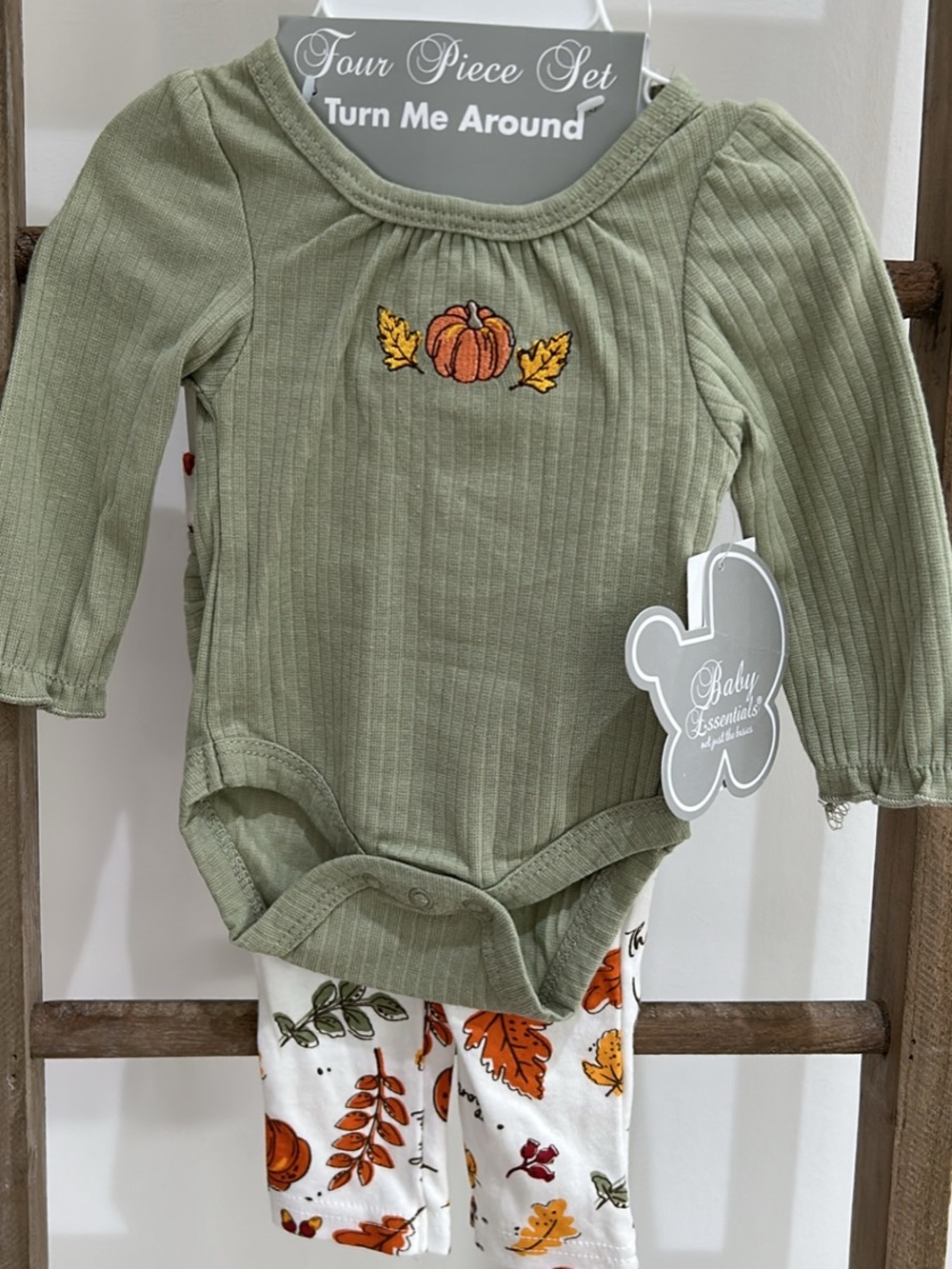Baby Essentials Fall Pumpkin Infant Girl 4 Piece Body Suit Pants Green NWT